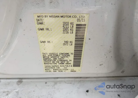2015 Nissan Altima 2.5 S z USA, uszkodzony, nr VIN 1N4AL3AP6FC447924